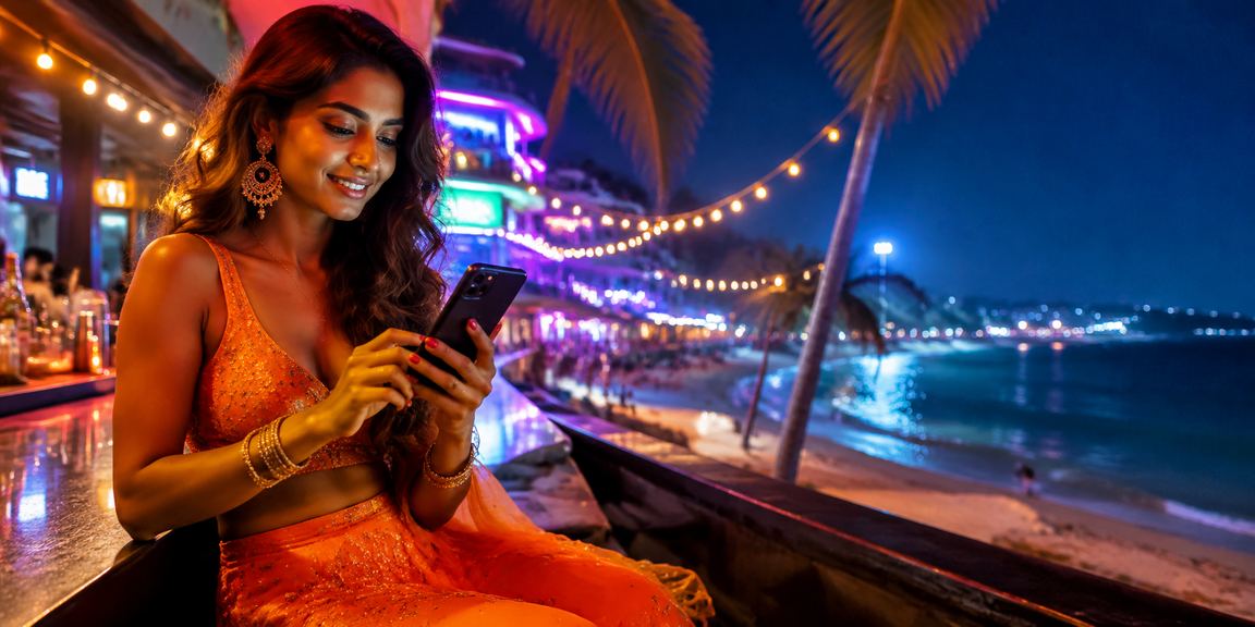 Beautiful beach with people enjoying mobile casino gaming in India
