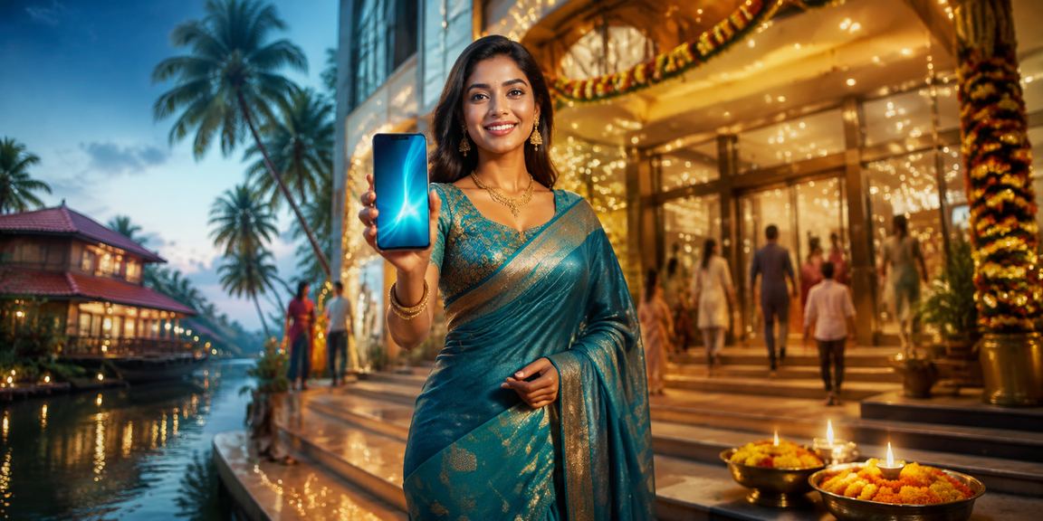 Woman using mobile casino app in Kerala with colorful saree